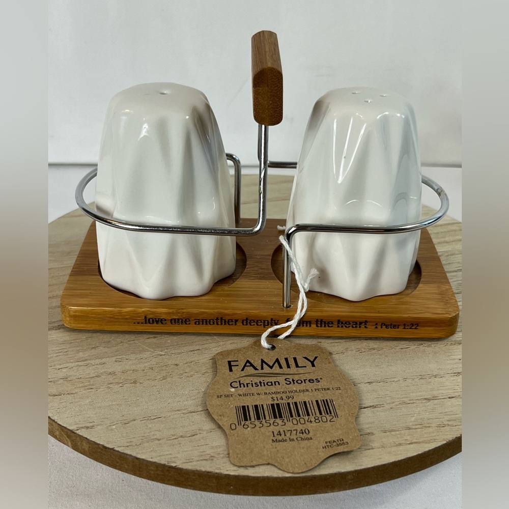 Blessings Love White Salt & Pepper Shaker Set Ceramic Bamboo Tray New With Tags